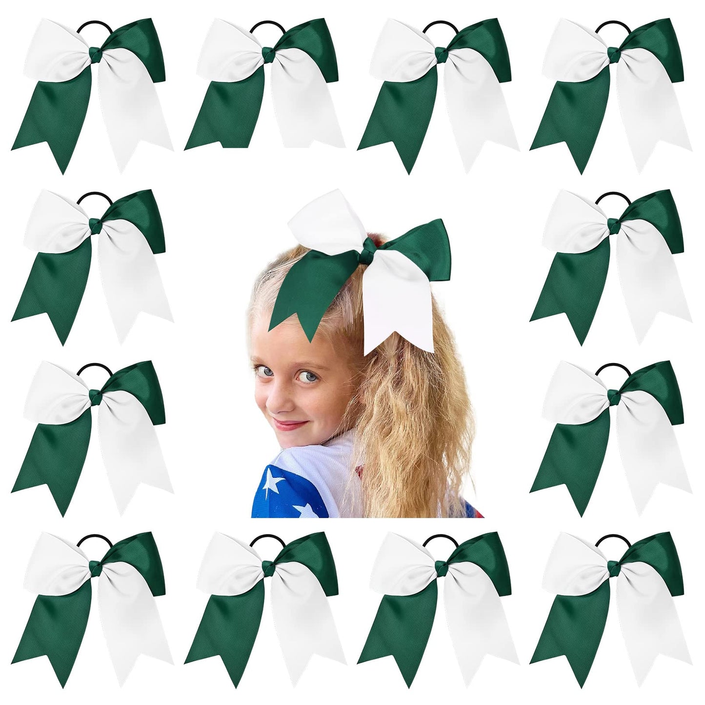 12 PCS 8" Large Cheer Bows White Green Girl Hair Bows Cheerleading Softball Bow Hair Ties Hair Accessories for cheerleaders football Competition Sports