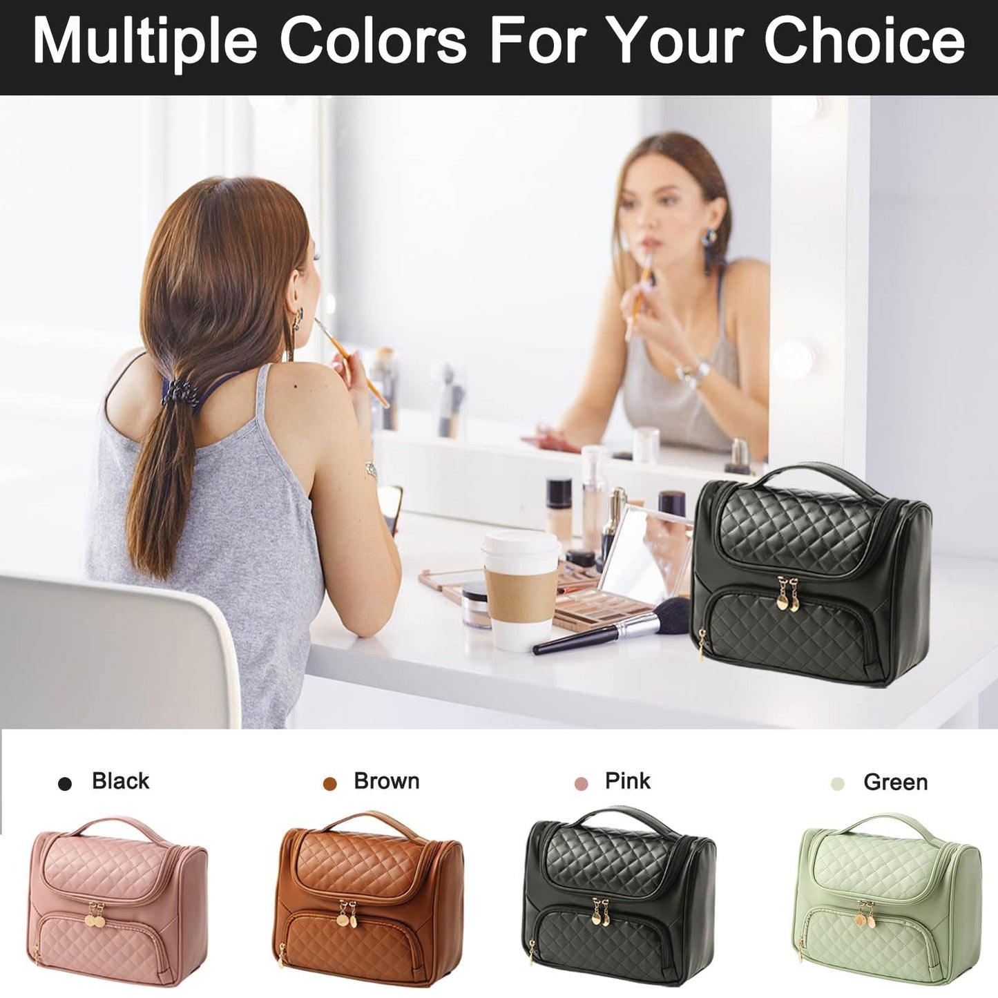 GOLDORANGE Cosmetic Bag Large Capacity Hanging Toiletry Bag Portable Travel Makeup Bag Waterproof Toiletries Bag with Compartment Cosmetic Organizer Bag for Women, Black