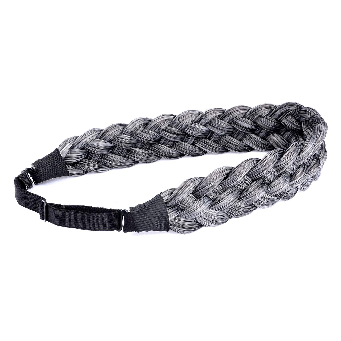 BOBIYA 5 Strands Synthetic Hair Braided Headband Classic Chunky Wide Plaited Braids Elastic Stretch Hairpiece for Women Girl (Dark Gray)