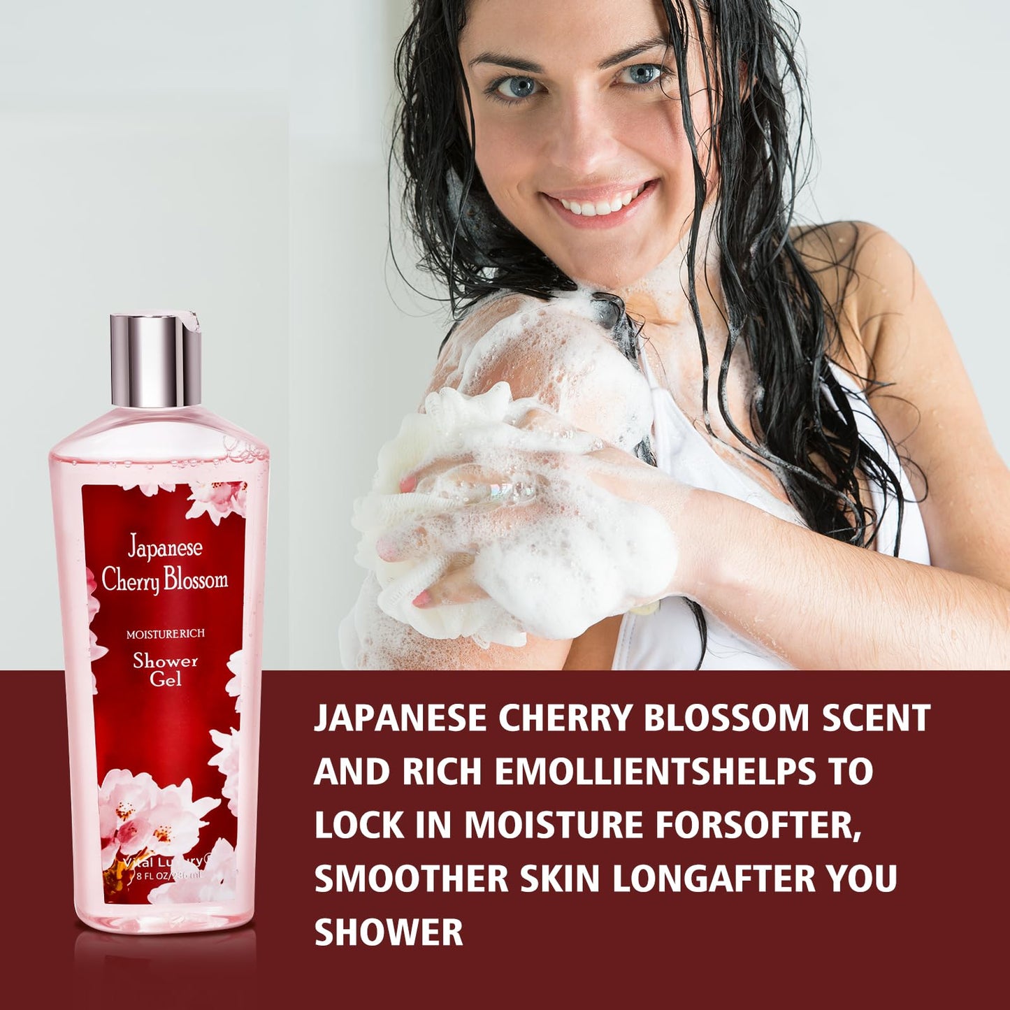 Vital Luxury Japanese Cherry Blossom Shower Gel and Body Cream Set - Nourishing and Moisturizing Daily Skincare - 8 fl.oz/236mL each, Christmas Gifts for Her and Him (Japanese Cherry Blossom)