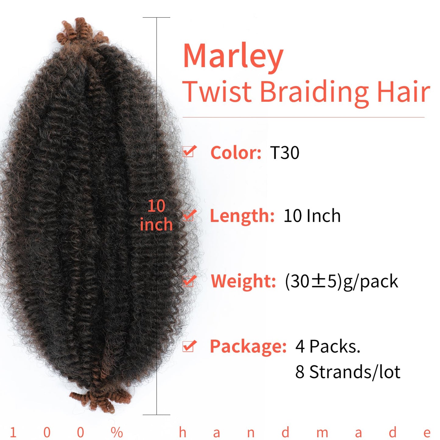 Marley Twist Braiding Hair, 16 Inch 4 Packs Soft Springy Afro Kinky Twist Hair For Braiding,Two Tone Pre-Fluffed Spring Twist Hair, Twisted Up Marley Hair For Women Crochet Braids(16inch,4packs,T30#)