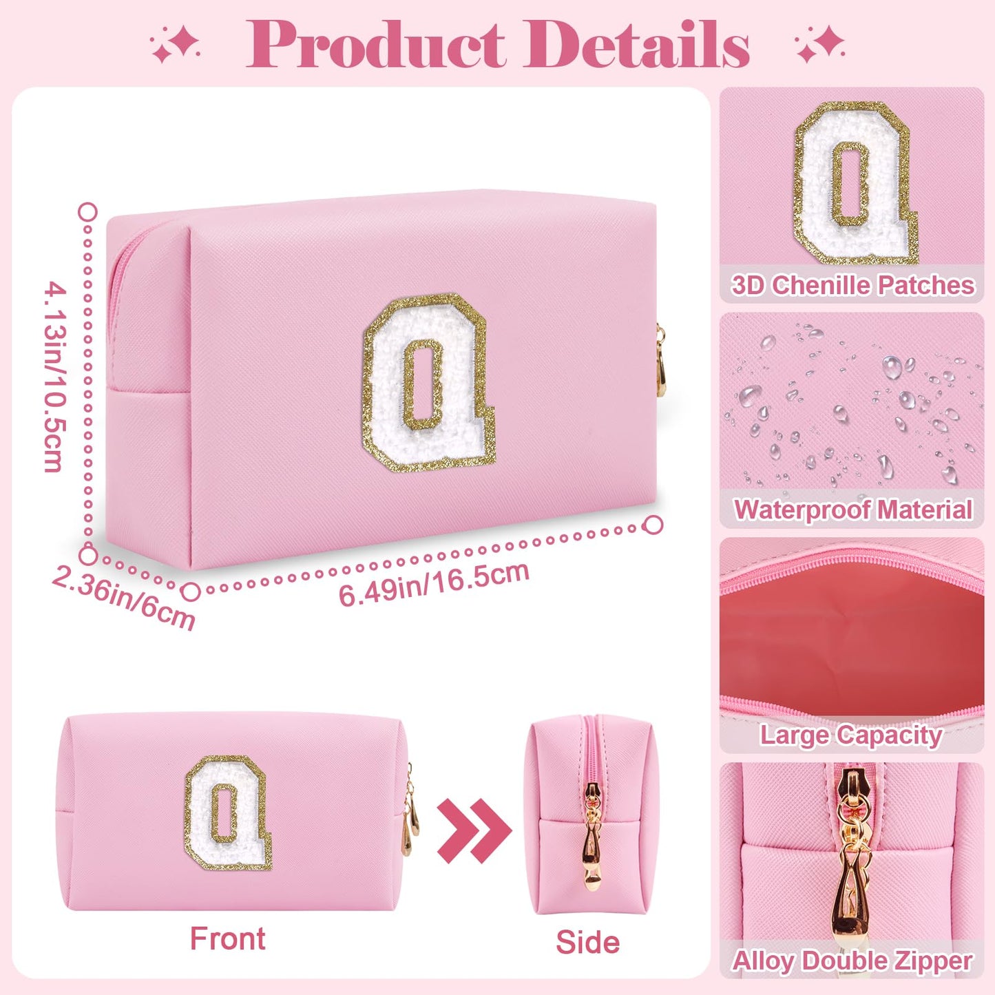 2Pack Personalized Initial Letter Patch Makeup Bag,Pink Preppy Cosmetic Bag with Small Makeup Brush Bag,Cute Waterproof PU Travel Toiletry Pouch,Gift Ideal for Her Birthday Friend Mom Teacher,Letter Q