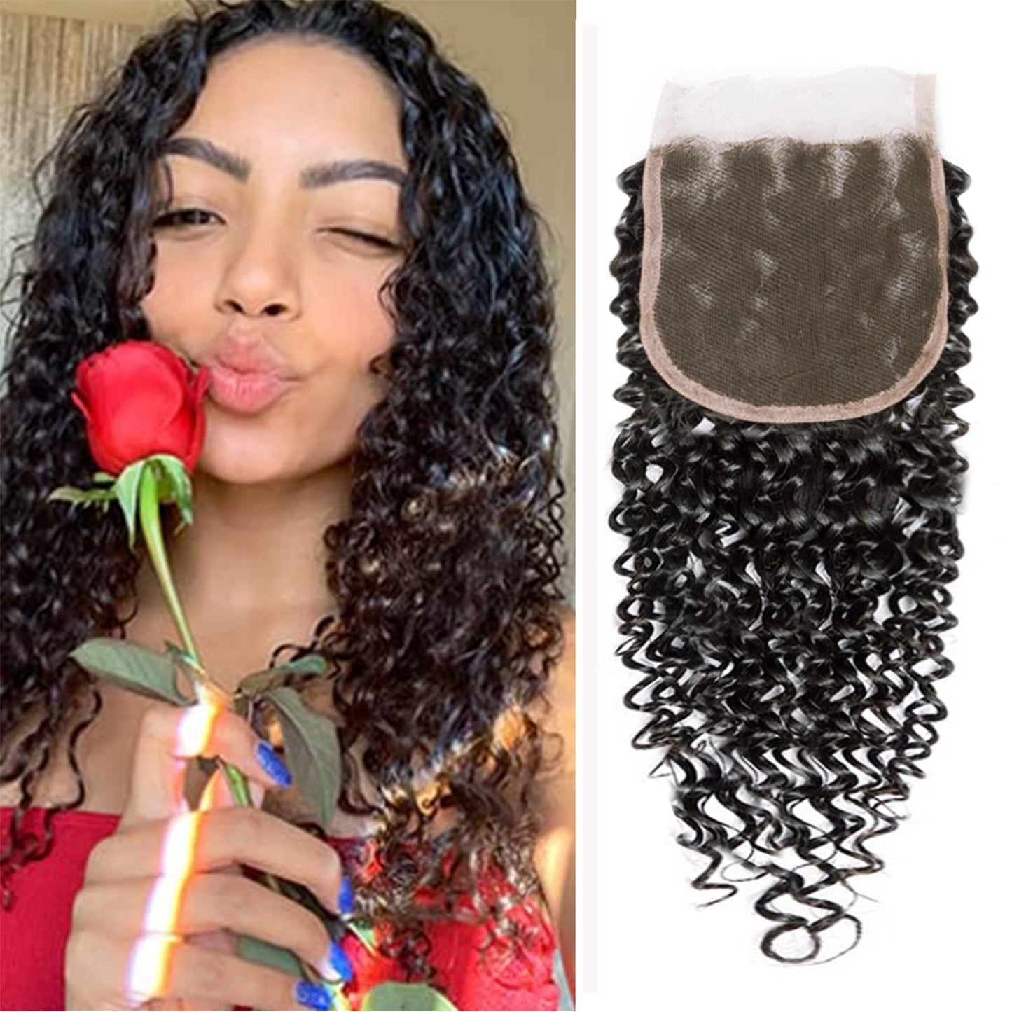 Selina 4x4 Lace Closure Water Wave Lace Closure Curly Lace Closure 100% Unprocessed Human Hair Free Part Closure Human Hair Swiss Lace Closure Natural Black Color (8Inch , Water Curly)