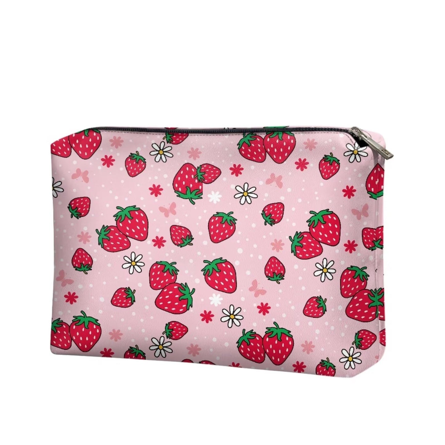 ELEDIZI Cute Makeup Pouch Strawberry Aesthetic Cosmetic Case for Teen Girls Pink Leather Toiletry Bag Waterproof Makeup Brush Bag Lipstick Travel Bag Zipper Clutch Purse for Phone and Keys Nice Gifts