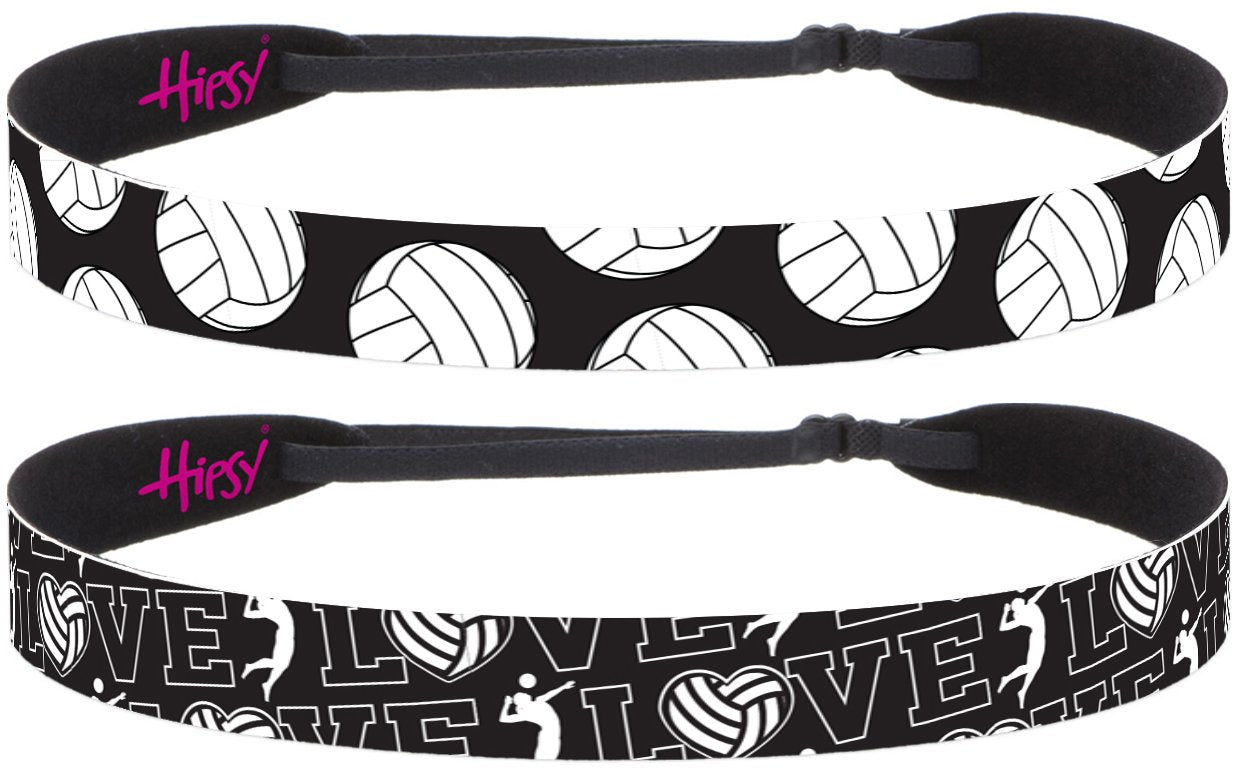 Hipsy Adjustable No Slip Volleyball Headbands for Women Gift Packs (Black Love Volleyball 2pk)