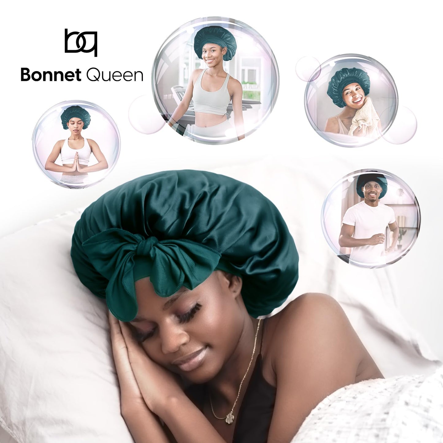 BONNET QUEEN Silk Bonnet for Sleeping Women Satin Bonnet Hair Bonnet night sleep cap scarf wrap for curly hair with tie band darkish green