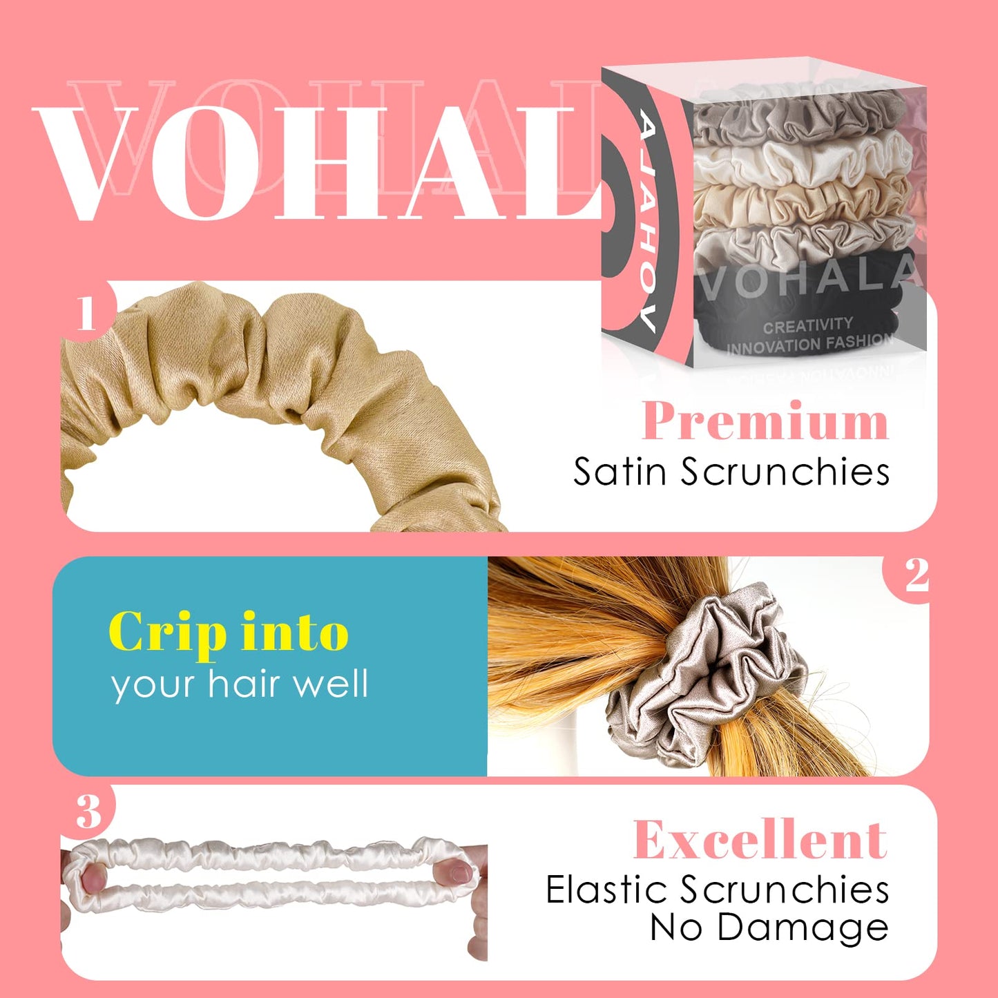 VOHALA 30 Momme Mulberry Small Silk Scrunchies, 5PCS Skinny Silk Scrunchies for Hair & 2PCS Strong Hair Ties Ponytail Holder, Total 7PCS No Damage Luxury Hair Ties for Women (Black+Camel+Gray+Champagne+Beige)