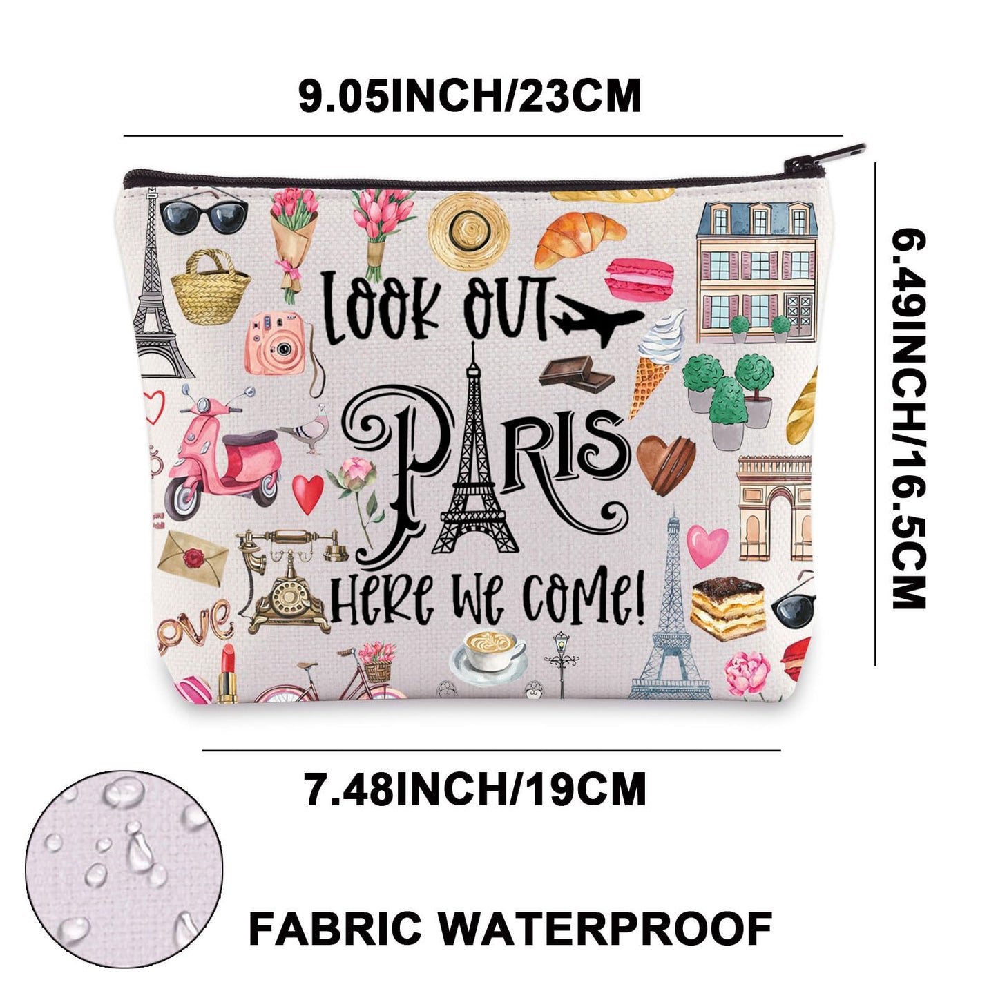 JNIAP Paris Themed Makeup Bag Paris Trip Gifts Paris Travel Bag Paris Toiletry Bag Paris Zipper Pouch Paris Makeup Pouch (look out paris)