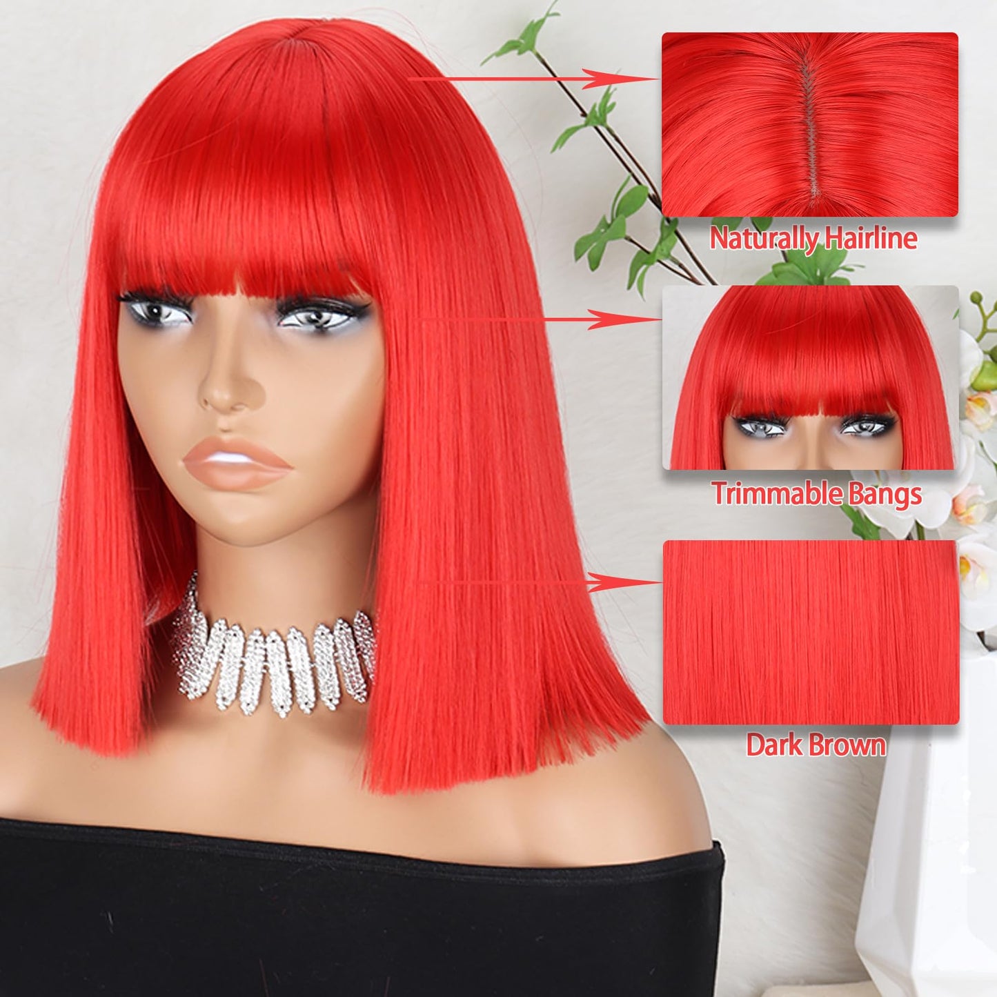 MERISIHAIR Short Red Bob Wig with Bangs Synthetic Straight Red Wigs for Women 11inch Cosplay Party Wig for Daily Use