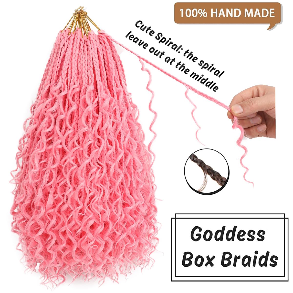 COOKOO 14 Inch Boho Box Braids 8 Packs Goddess Box Braids Crochet Hair Bohemian Hippie Braiding Hair With Curly Ends Messy Pre-looped Synthetic Crochet Hair for Black Women 128 Strands (Pink#)