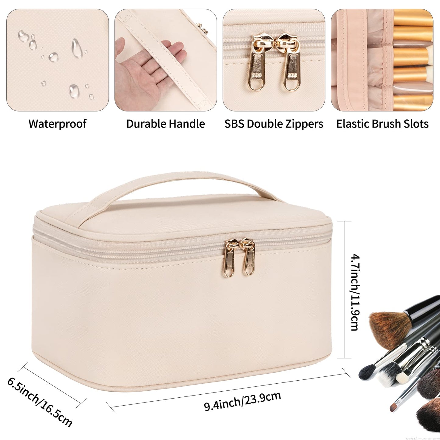 OCHEAL Makeup Bag, Portable Cosmetic Bag, Large Capacity Travel Makeup Case Organizer, Makeup Bags For Women Toiletry Bag for Girls Traveling With Handle and Divider- Beige