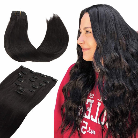 TIVBOES Clip in Hair Extensions, 20 inch 120g Natural Black in Hair Extensions Real Human Hair 7pcs Straight Double Weft Human Hair Clip in Hair Extensions