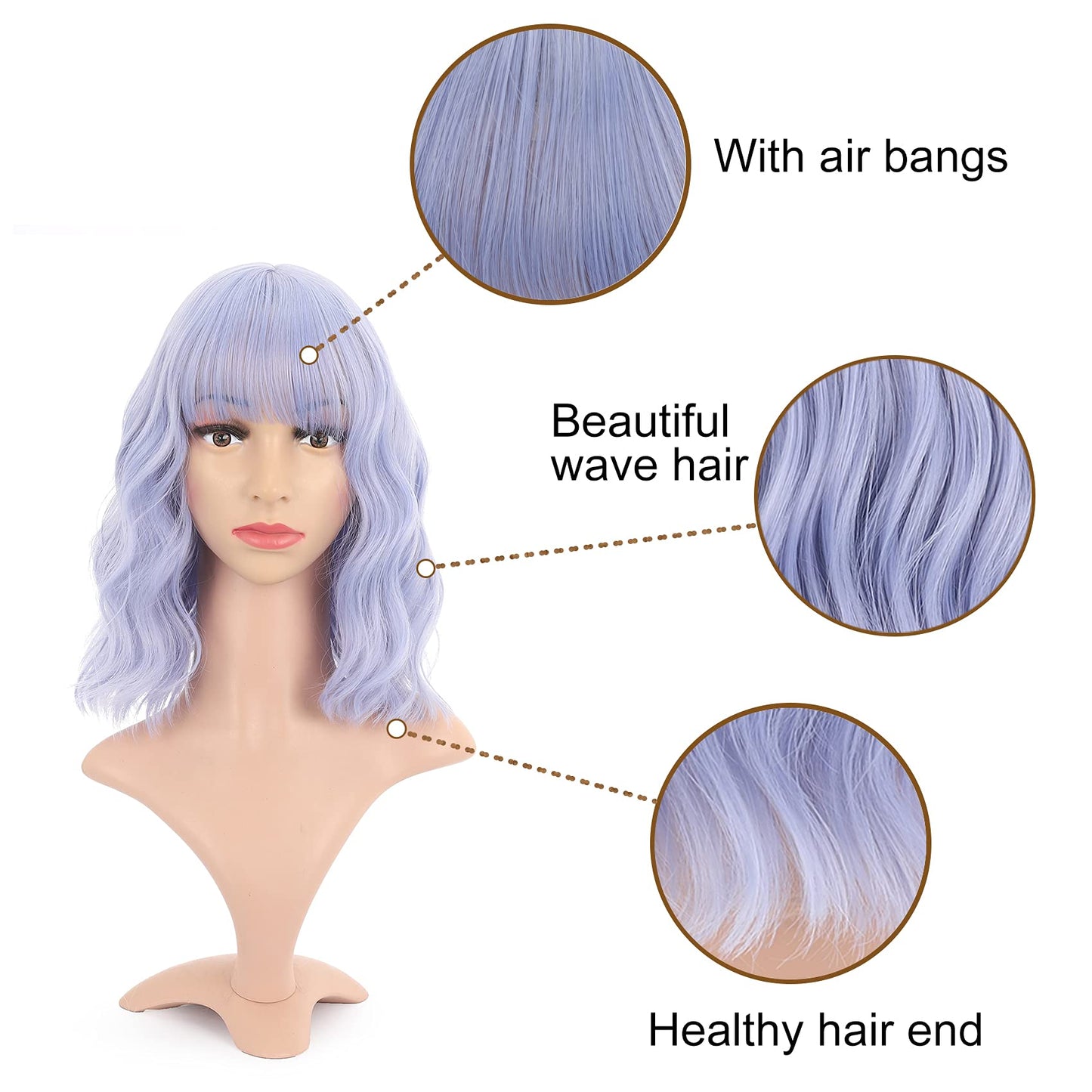 VCKOVCKO Natural Wavy Wig With Air Bangs Short Bob Grey Blue Wigs Women's Shoulder Length Wigs Curly Wavy Synthetic Cosplay Wig Pastel Bob Wig for Girl Colorful Wigs(12",Grey Blue)