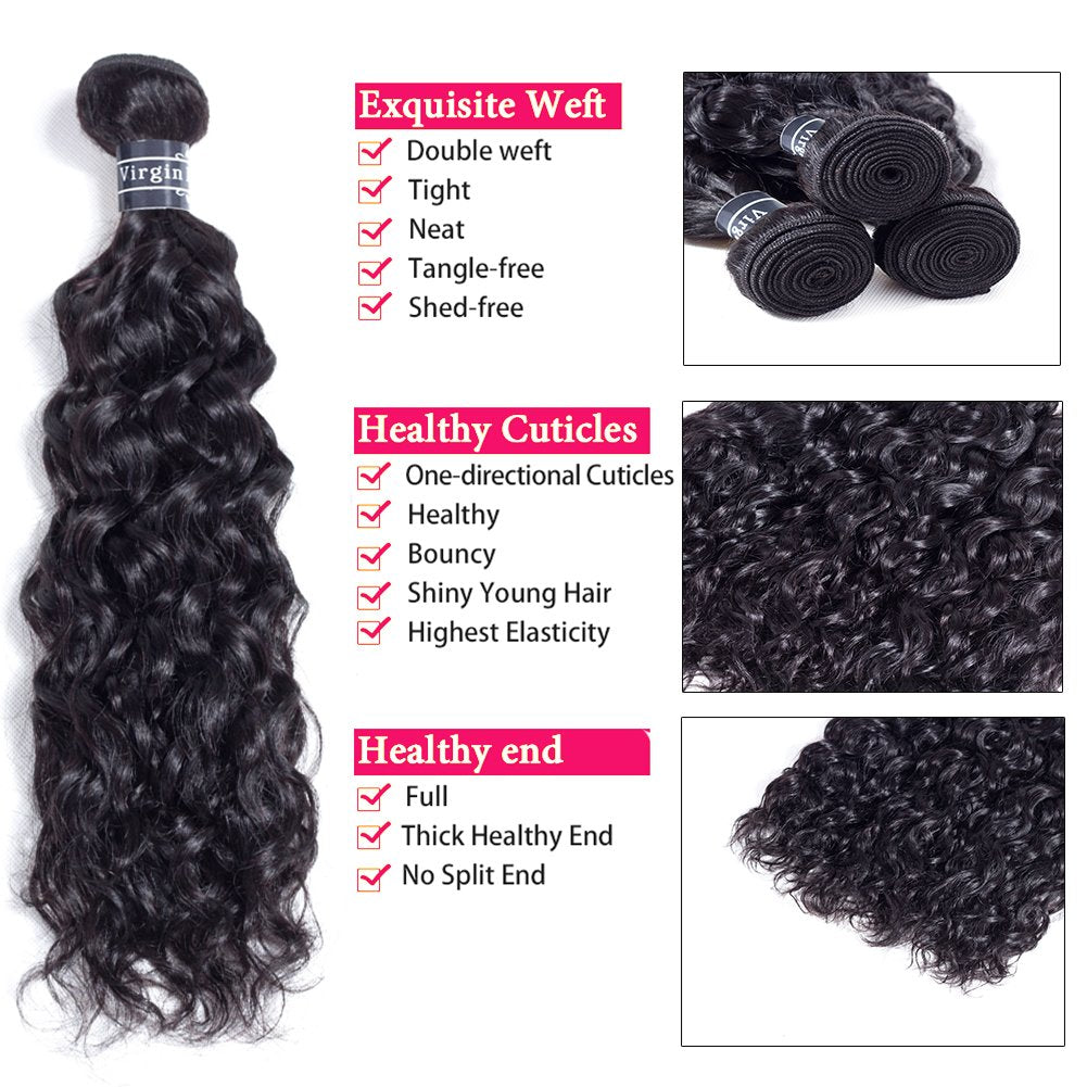 Amella Hair 8A Grade Uprocessed Brazilian Water Wave virgin hair 3 Bundles Virgin Human Hair Natural Black Color(14 16 18)