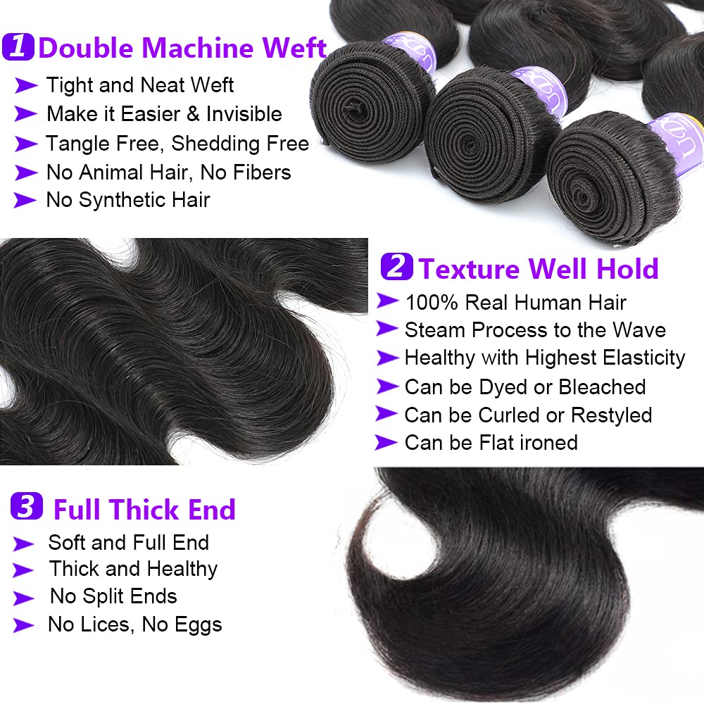 UDesire 12A Brazilian Body Wave Virgin Hair 3 Bundles 14 16 18inch 100% Unprocessed Virgin Human Hair Weave Bundles Natural Black Remy Hair