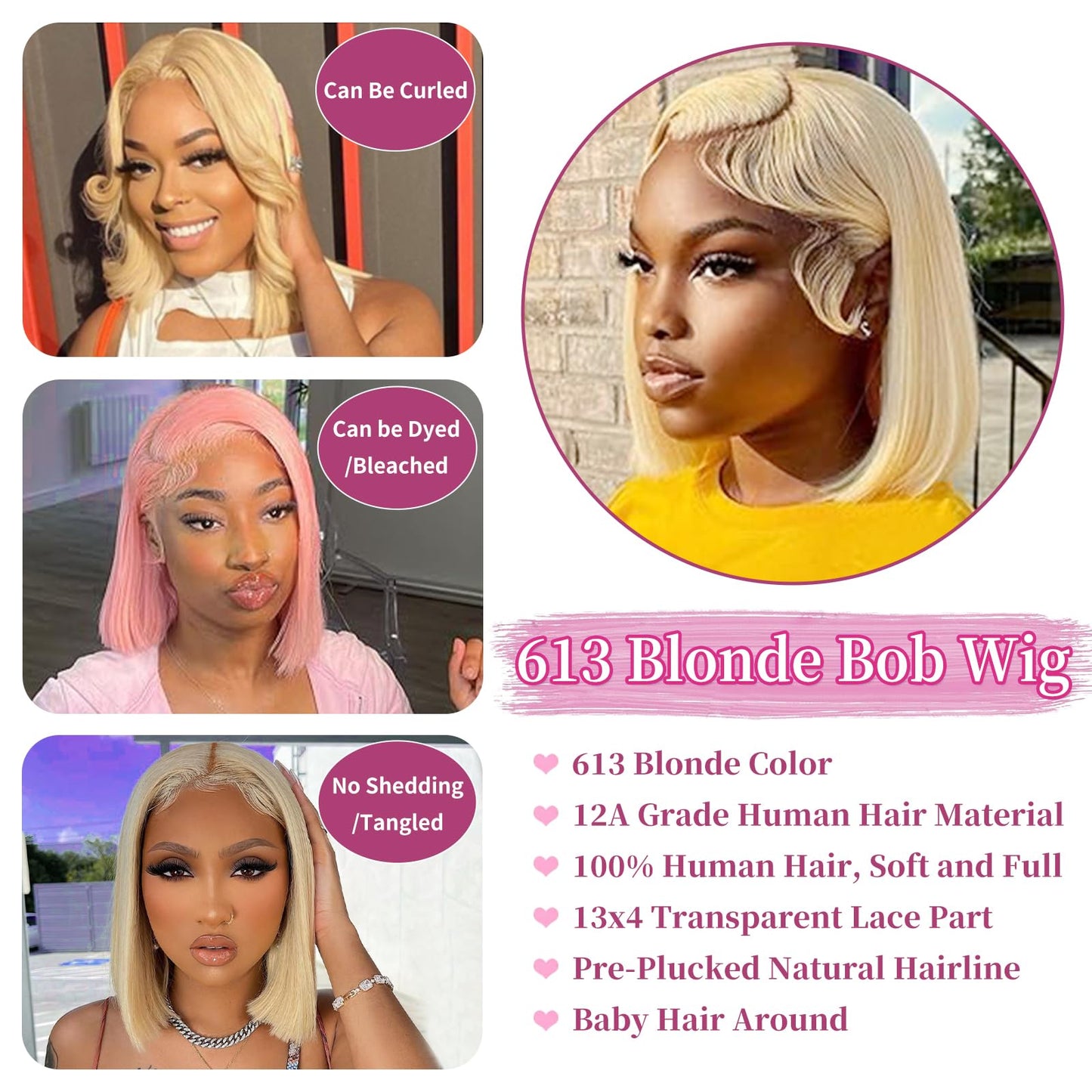 werkueen Blonde Bob Wig Human Hair 613 Bob Lace Front Wig Human Hair 13X4 Blonde Wig Human Hair Bob Pre Plucked Clored Bob Wig with Baby Hair 180% (12 inch)