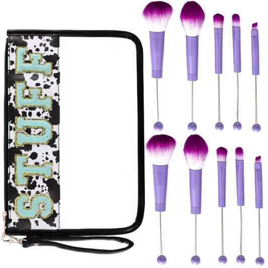 10Pieces Beadable Makeup Brushes Kit with Chenille Letter Stuff PVC Makeup Bag DIY Beaded Eyeshadow Brush for Wedding Party Gift(10pcs-Siliver Brushes and 1pcs-Makeup Bag)