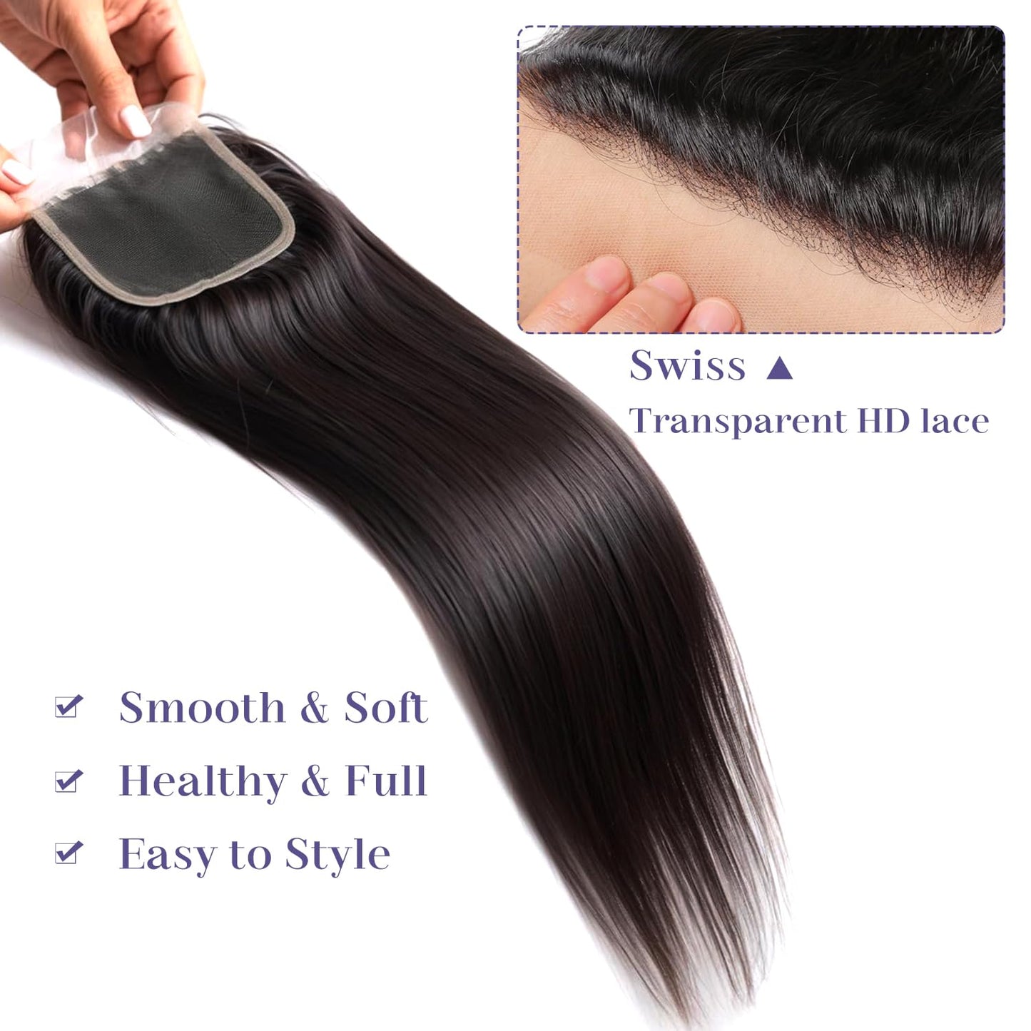 5x5 Transparent HD lace closure human hair Straight Invisible Lace 150% Density 12A Real Transparent Lace Closure Virgin Human Hair Frontal Closure Pre Plucked With Baby Hair Natural Black 22Inch