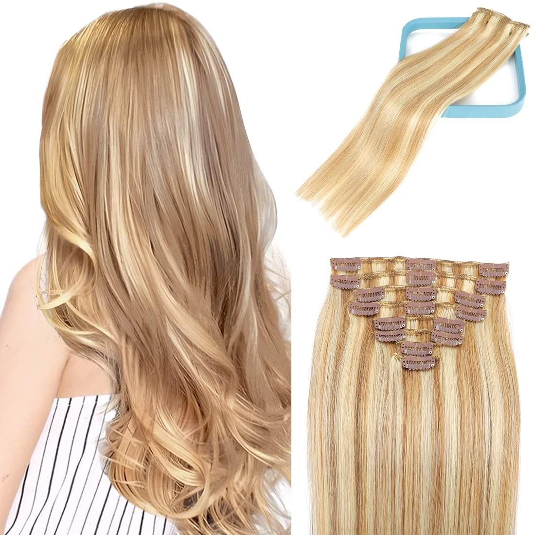 LORIEN Clip in Hair Extensions Real Human Hair 80g Clip in 100% Human Hair Extensions 8pcs Per Set with 18Clips Double Weft (20 Inch, #18p613 Color)