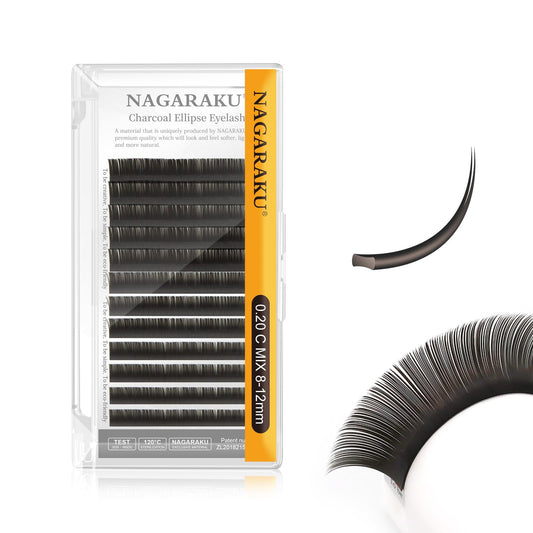 NAGARAKU Double Tips Flat Ellipse Eyelash Extensions Supplies 0.20 C curl 8-12mm Mix Natural Charcoal Color Faux Mink Super Soft Split Tips Individual Lashes