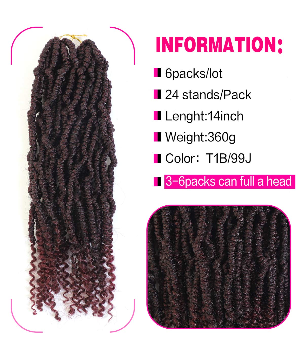 Bomb Twist Crochet Hair 14 Inch Spring Twist Hair Passion Twist Hair 6 Packs Spring Twist Pre-looped Mini Twist Fluffy Twist Braiding Synthetic Hair Extension (T1B/99J)