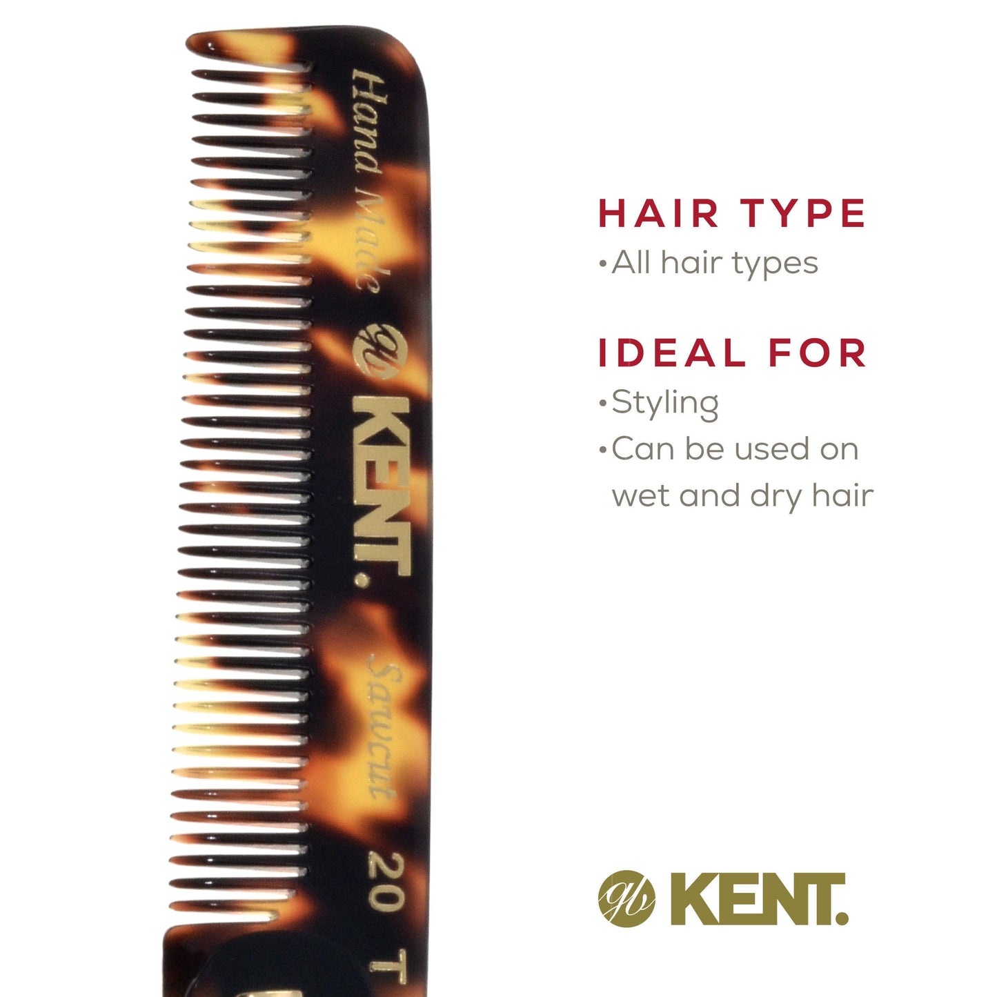 Kent 20T TY Handmade Folding Pocket Comb for Men, Fine Tooth Hair Comb Straightener for Everyday Grooming Styling Hair, Beard or Mustache, Use Dry or with Balms, Saw Cut Hand Polished, Made in England