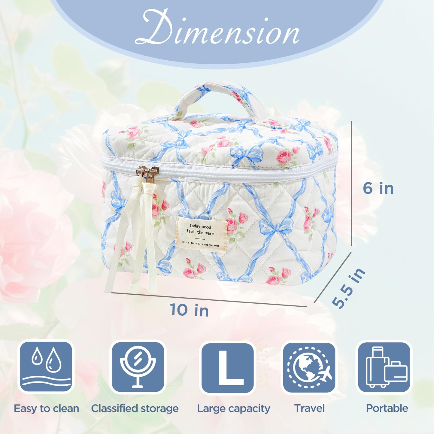 Sminra Makeup Bag Large Travel Quilted Cosmetic Makeup Bag Organizer, Floral Cotton Coquette Aesthetic Toiletry Bag for Women Girls (Blue Bow Flowers-L)