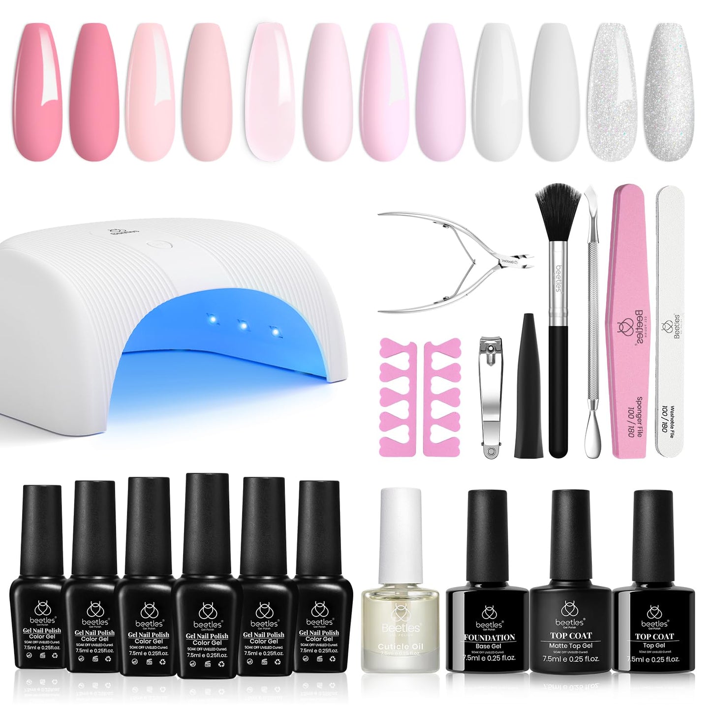 Beetles Gel Nail Polish Kit with 48W U V Nail Lamp, 6 pcs Blue White Nude Pink Glitter Gel Polish Set Base Gel Top Coat DIY Decorations Manicure Gifts Light Pink Gel Nail Polish for Women