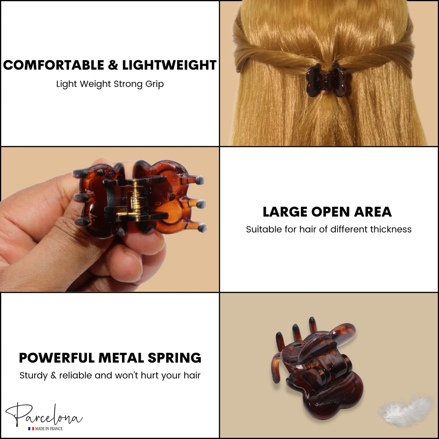 Parcelona French Petunia Mini 1" Celluloid Acetate Set of 2 Covered Spring Jaw Hair Claw Clip for Fine Hair with Very Tight Grip Women Hair Accessories, Made in France(Tortoise Shell Brown and Savana)