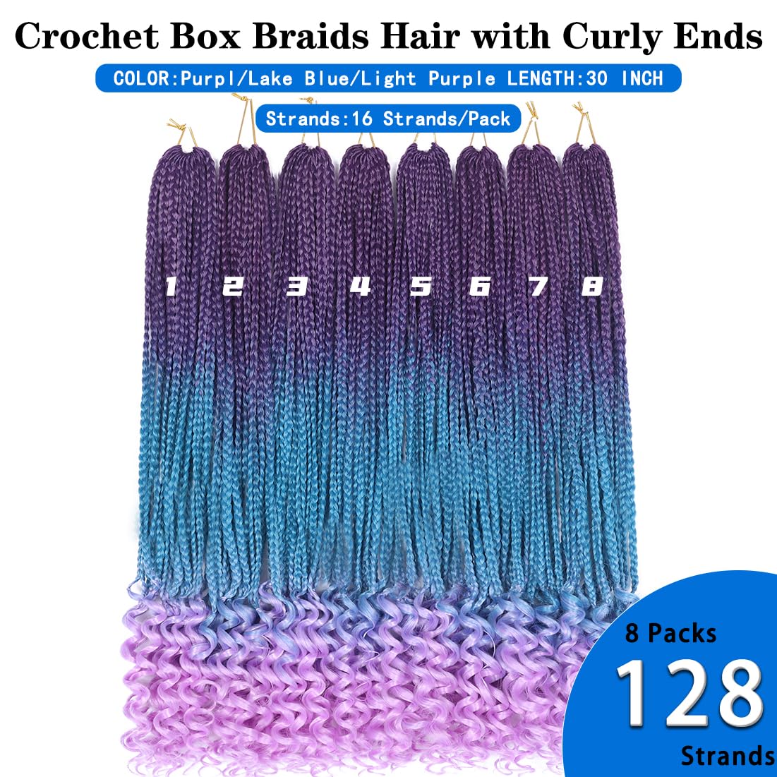 8 Packs 30 Inch Crochet Box Braids Hair with Curly Ends Pre looped Goddess Box Braids Crochet Hair Box Braids Braiding Hair Crochet Braids Hair for Women(30 inch,Purple/Lake Blue/Light Purple)