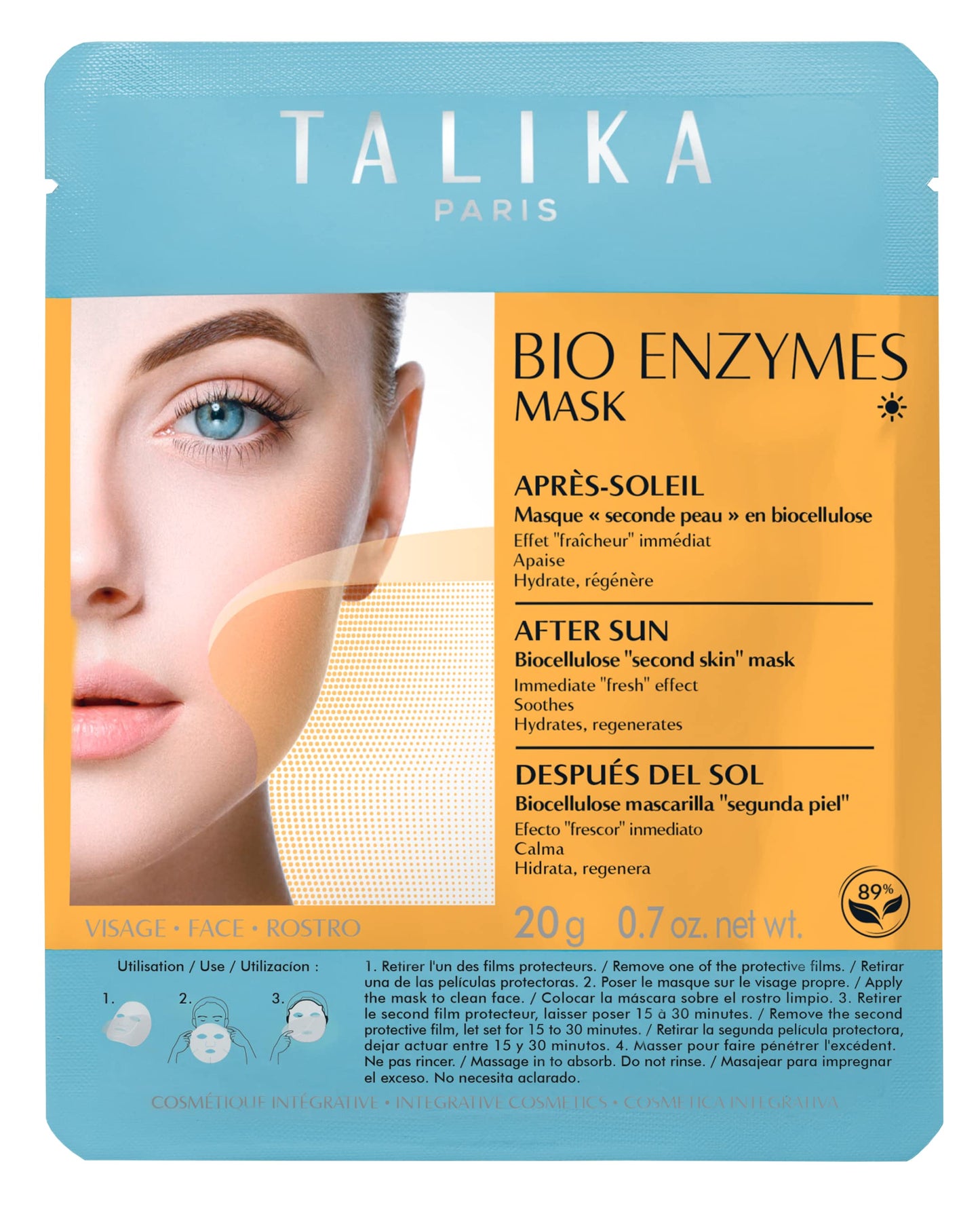 Talika Bio Enzymes After Sun Mask - Moisturizing & Soothing Fast Repair Face Mask - Biocellulose Sun Care Mask - Second Skin Effect Beauty Sheet Mask - 20g