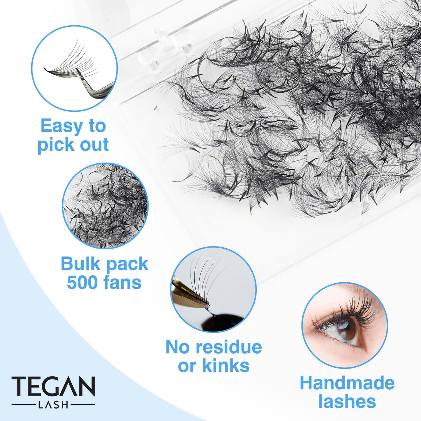 TEGAN LASH 500 Promade Fans Volume Eyelash Extensions, Handmade Loose False Eyelashes, From 3D - 16D, 0.03/0.05/0.07 Thickness, C/CC/D Curl, 9-15mm Length, Pestanas Pelo A Pelo (10D-0.05-D-10)