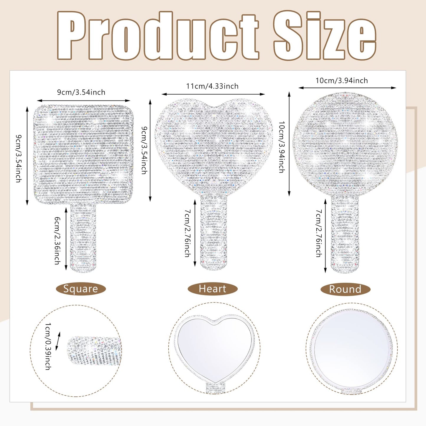 Bucherry 3 Pcs Rhinestone Hand Mirror Heart Shaped Bling Dazzling Hand Held Mirrors Square Round Shape white Cosmetic Portable Decorative Personal Makeup Mirrors for Women Wedding Gift