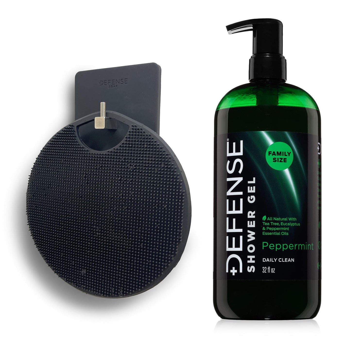 Defense Soap Shower Tools Set & 32oz. Peppermint Shower Gel | 100% Natural Organic Moisturizing Mint Tea Tree Body Wash