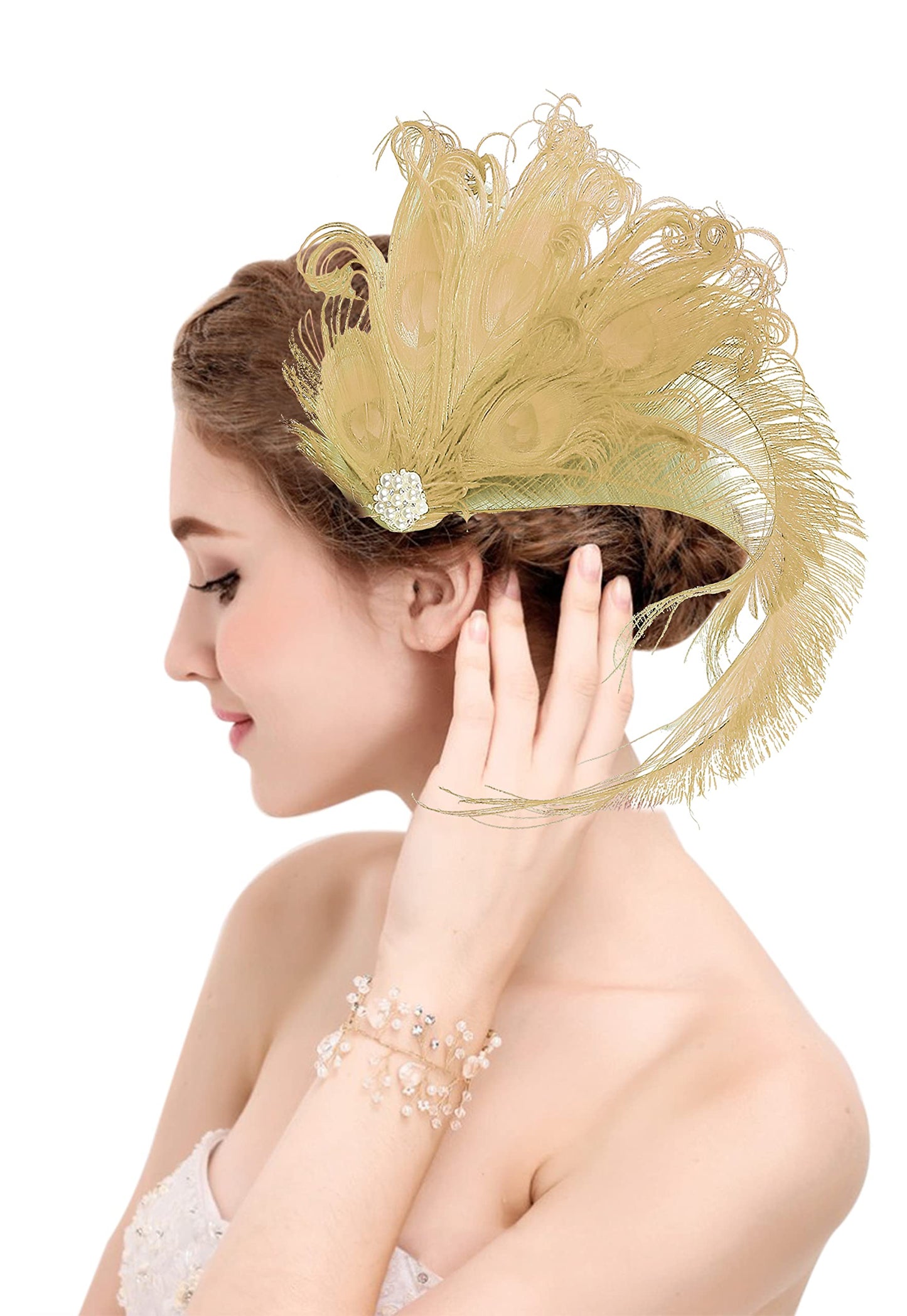 Z&X Peacock Feather Fascinator Hair Clip Headband 1920s Costume Flapper Headpiece (015a- Gold)