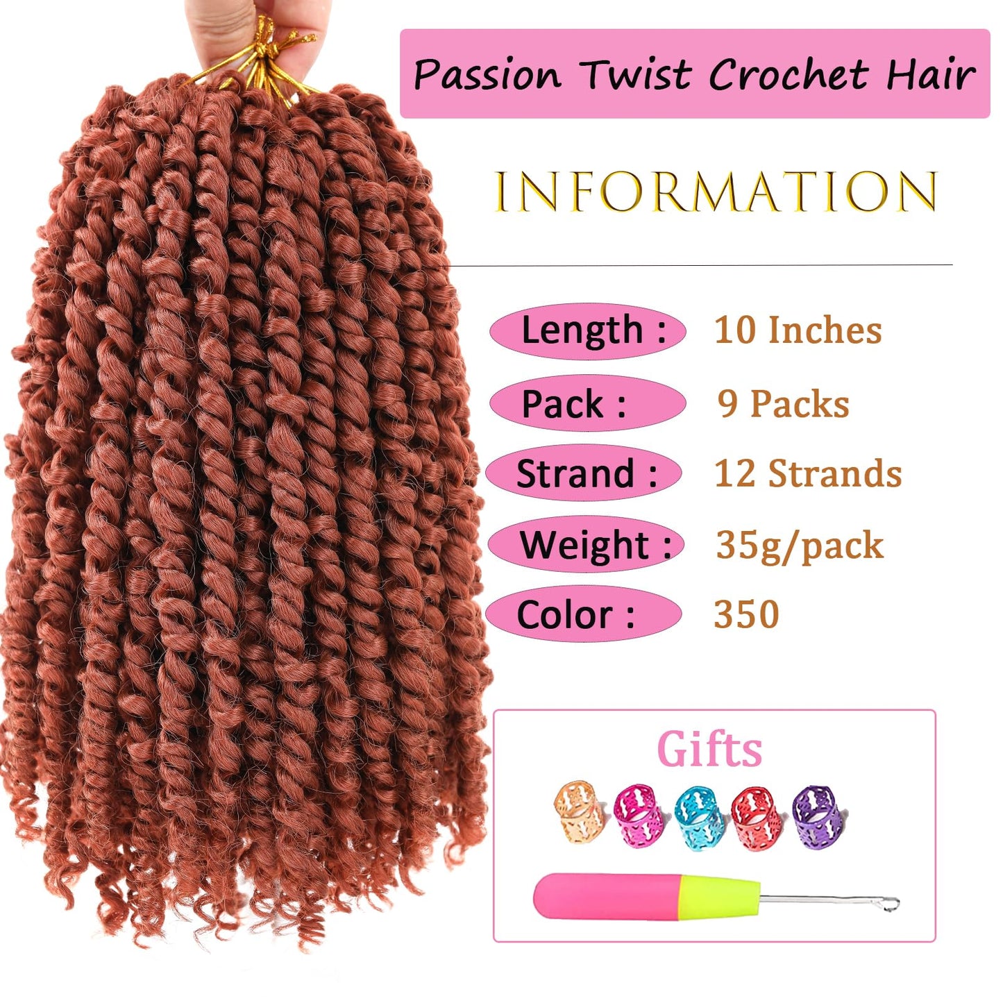 Copper Red Passion Twist Crochet Hair 10 Inch 9 Packs Pre-twisted Passion Twist Hair Pre Looped Crochet Hair for Black Women Bohemian Short Crochet Passion Twist Hair for Kids and Girls (10 Inch,350)