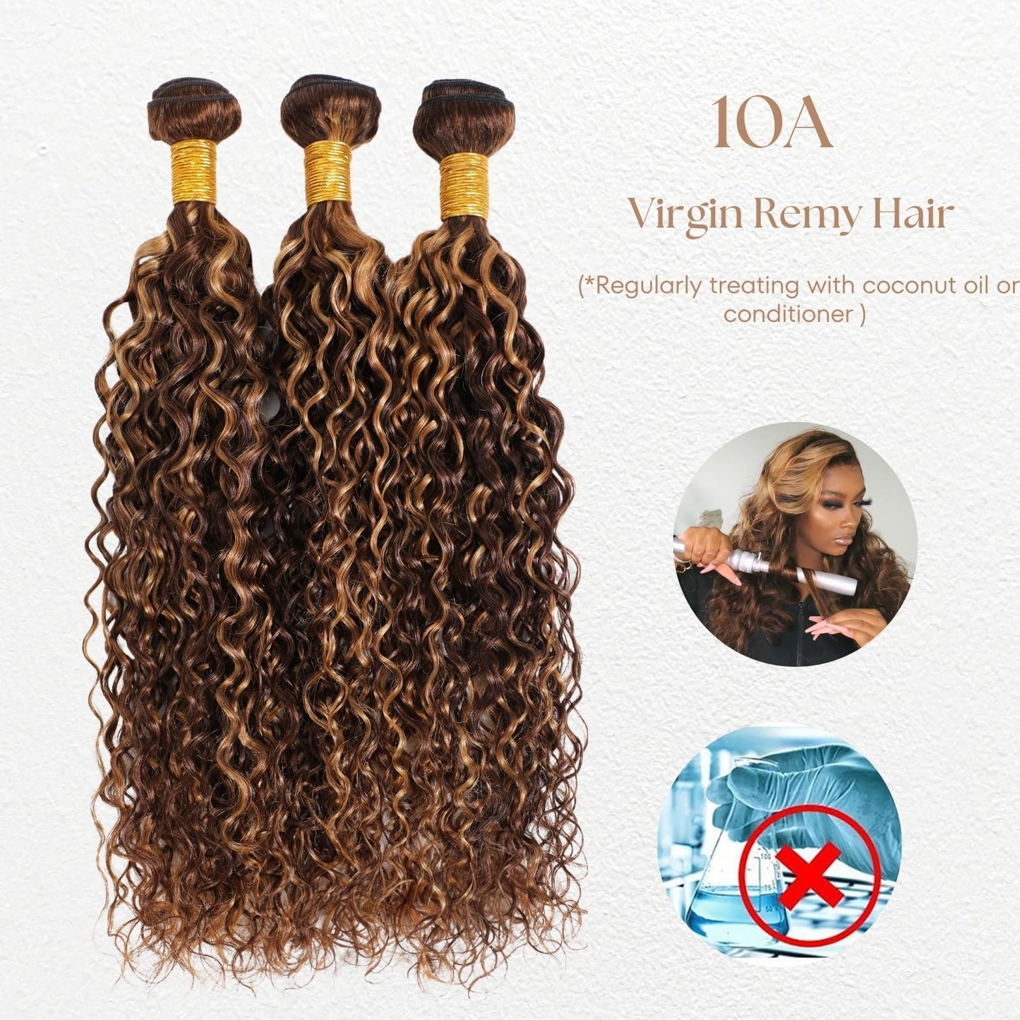 Water Wave Human Hair Bundles Ombre Honey Blonde Curly Bundles, Glossy & Shed-free P4/27 Highlighted Wet And Wavy Human Hair Bundles Weave Brown Piano Color 10A 100% Virgin Hair Single Bundle 18 Inch