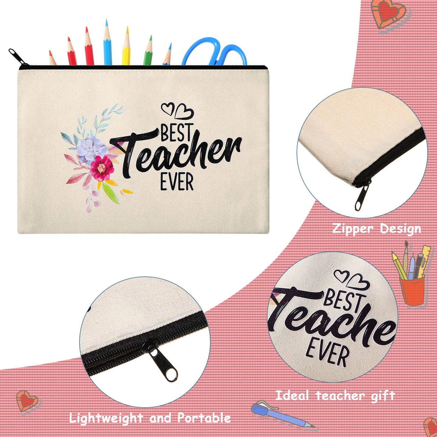 Frienda 16 Pieces Teacher Makeup Bag Multipurpose Cosmetic Bag Teacher Travel Toiletry Pouch Teacher Gift Canvas Bags with Zipper for Women Teacher(Flower Pattern)