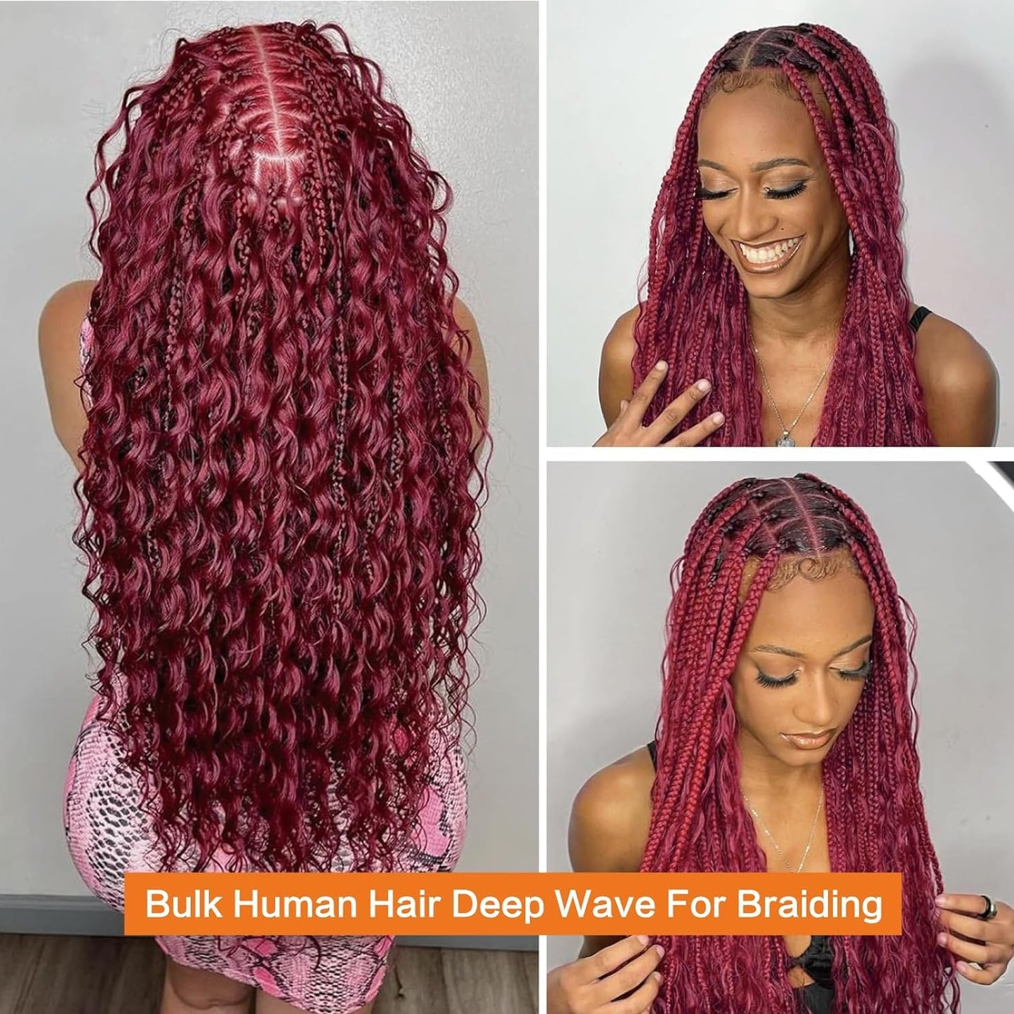 Labamiya Curly Burgundy Braiding Human Hair 100g 18 Inch 99J Burgundy Deep Water Wave Bulk Human Hair for Braiding No Weft Brazilian Virgin Deep Curly Human Hair Extensions for Boho Braids