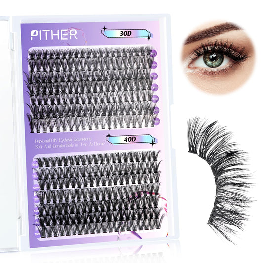 Lash Clusters, PITHER 30D+40D 280PCS Cluster Eyelash Extension Super Thin Band Soft 0.07mm Mix 9-16mm DIY lash extension kit for Self Use at Home