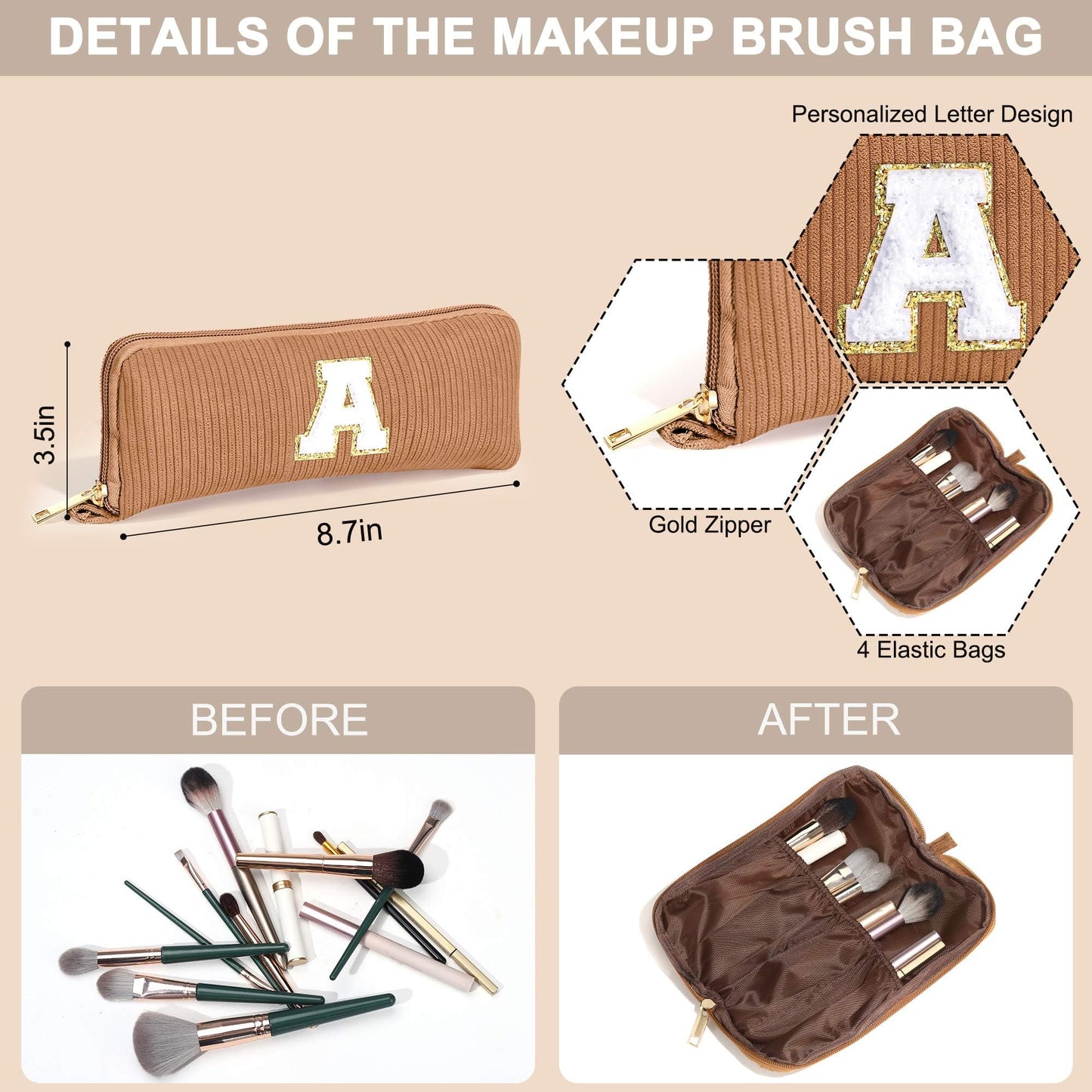 YOOLIFE Girlfriend Gifts Makeup Bag - Initial Cosmetic Bag Makeup Pouch Travel Makeup Bags for Women Make Up Bag Makeup Brush Bag Organizer Makeups Bag Unique Friend Gifts Wife Gifts Brown Letter W