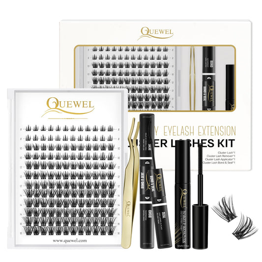 QUEWEL DIY Eyelash Extensions Kit, 144 Pcs Lash Clusters, Clusters Eyelash Applicator Tool, Super Hold Cluster Lashes Bond and Seal, Clusters Lash Glue Remover Easy to Apply at Home(Common-Kit)