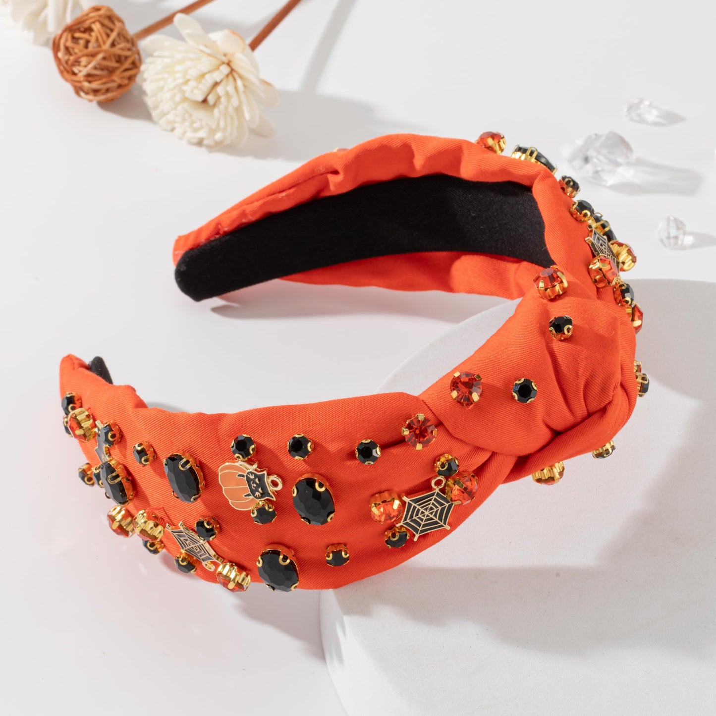 Halloween Headband for Women Halloween Spider Web Bat Crystal Embellished Mixed Top Hairband ladies Twist Wide Orange Hair Band Accessories Holiday Makeup Hair Hoop Gifts(Halloween-orange web)