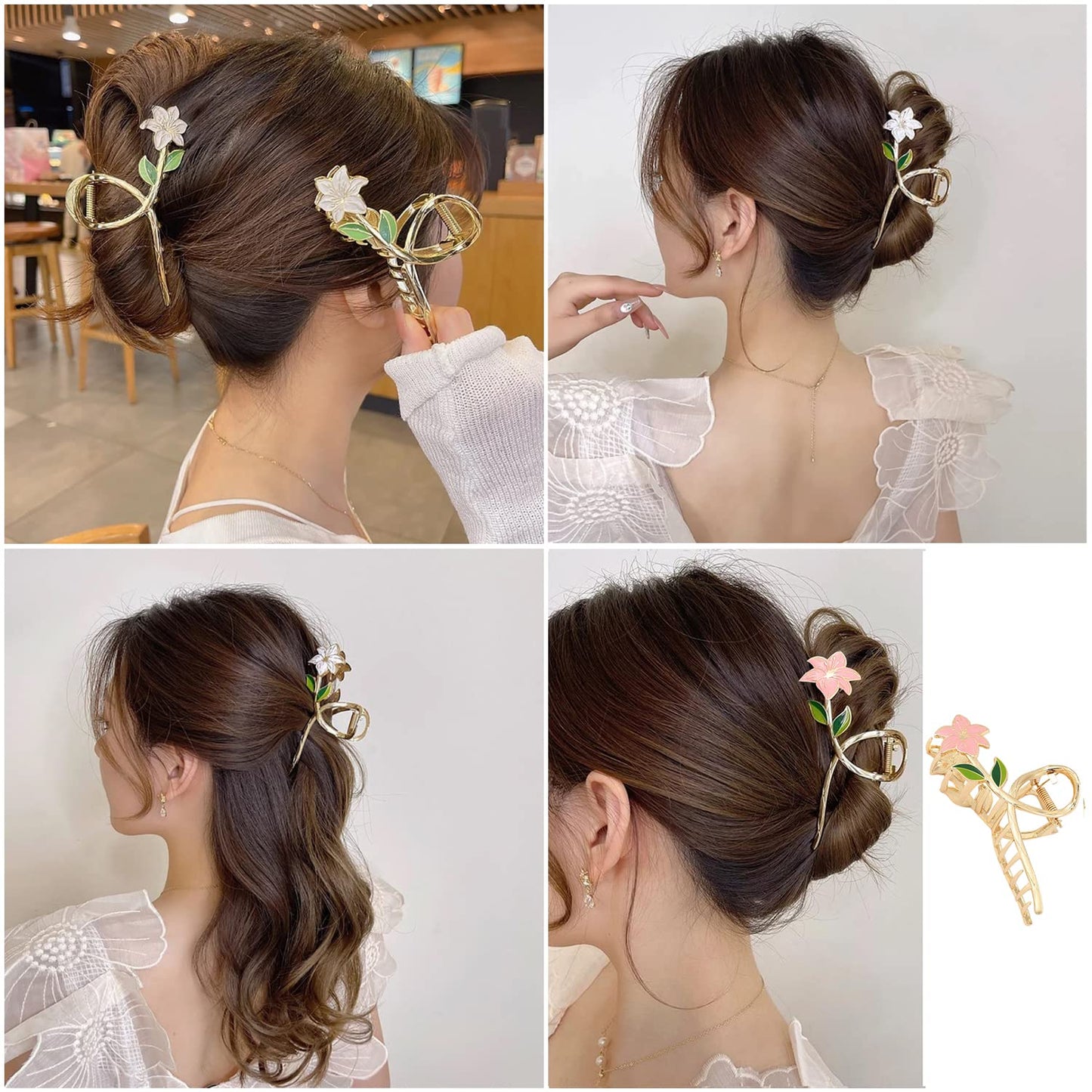 Hair Clips Flower Claw Clips Flower Clips for Women Cute Claw Clips for Thick Hair Large Pink Yellow Flower Hair Clip Metal Gold White Floral Hair Accessories Banana Clip Summer Hair Decorations 3Pcs