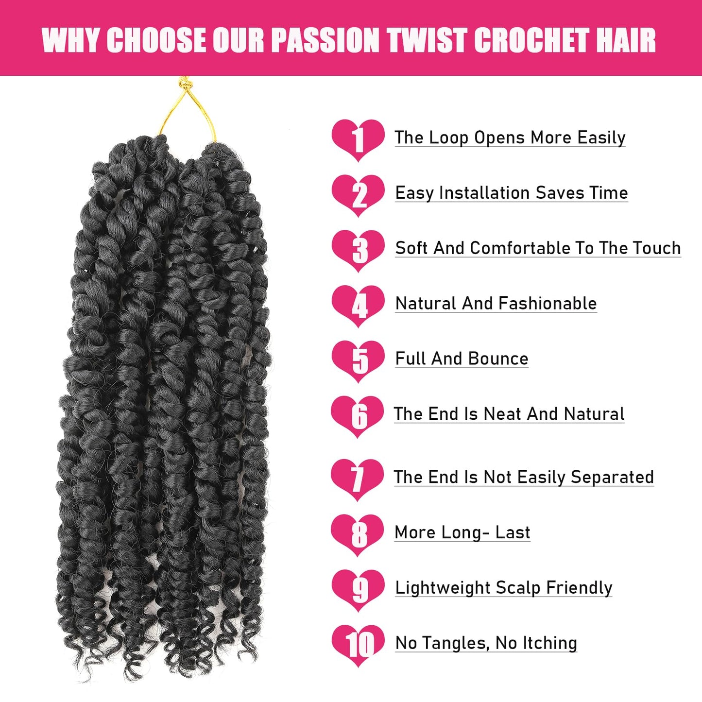 9 Packs Passion Twist Hair 14 Inch Pre Looped Crochet Passion Twist Hair Nature Passion Twist Crochet Hair Pre-twisted Bohemian Passion Twist Braiding Synthetic Hair for Kids and Girls (14 Inch,1B)