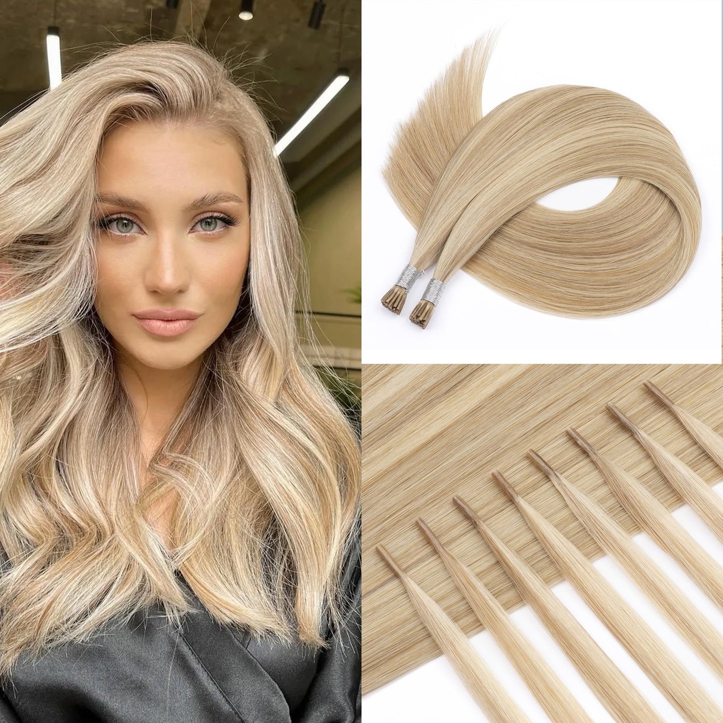 Blonde I Tip Extensions Human Hair #18/613 I Tip Hair Extensions Ash Blonde Highlight Bleach Blonde Itip Human Hair Extensions 20 Inch Highlights Itips for Women 50s 50g