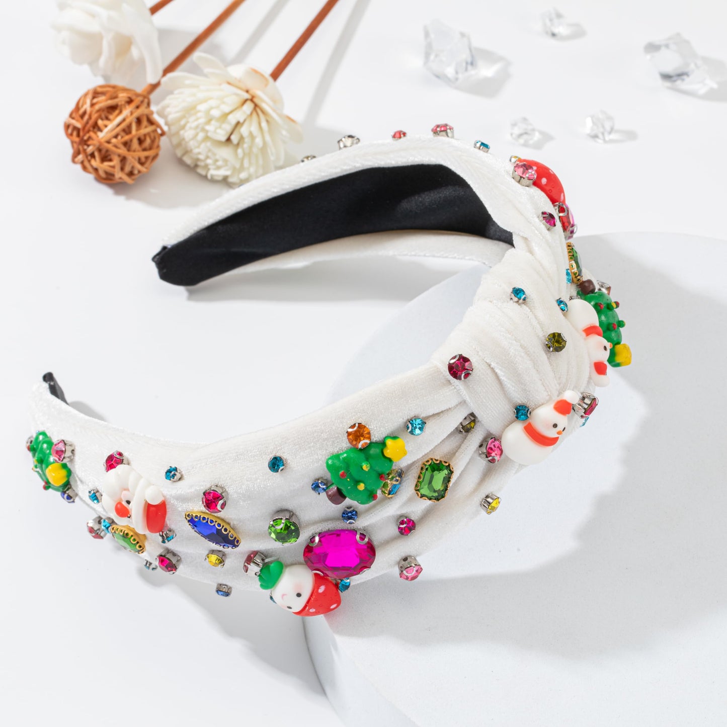 Christmas Jeweled Headband for Women Red Green Crystal Xmas Tree Snowman Embellished Knotted Hairband ladies Twist Wide White Hair Band Accessories Fashion Holiday Hairband Gifts(Christmas-white)