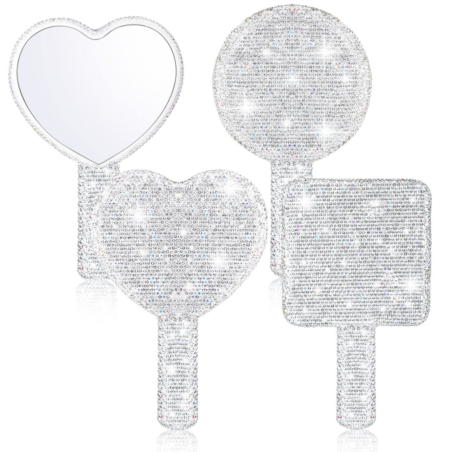 Bucherry 3 Pcs Rhinestone Hand Mirror Heart Shaped Bling Dazzling Hand Held Mirrors Square Round Shape white Cosmetic Portable Decorative Personal Makeup Mirrors for Women Wedding Gift