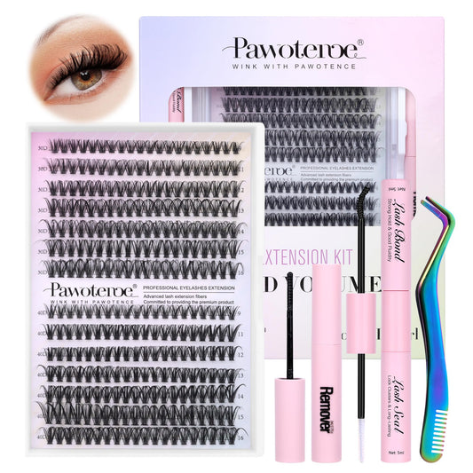 Pawotence DIY Lash Extension Kit 280pcs Individual Lash Clusters Kit 30D 40D Curl Eyelash Extension Kit with Lash Bond and Seal and Remover Lash Tweezers for Self Application (30D+40D-9-16MIX-ALL KIT）