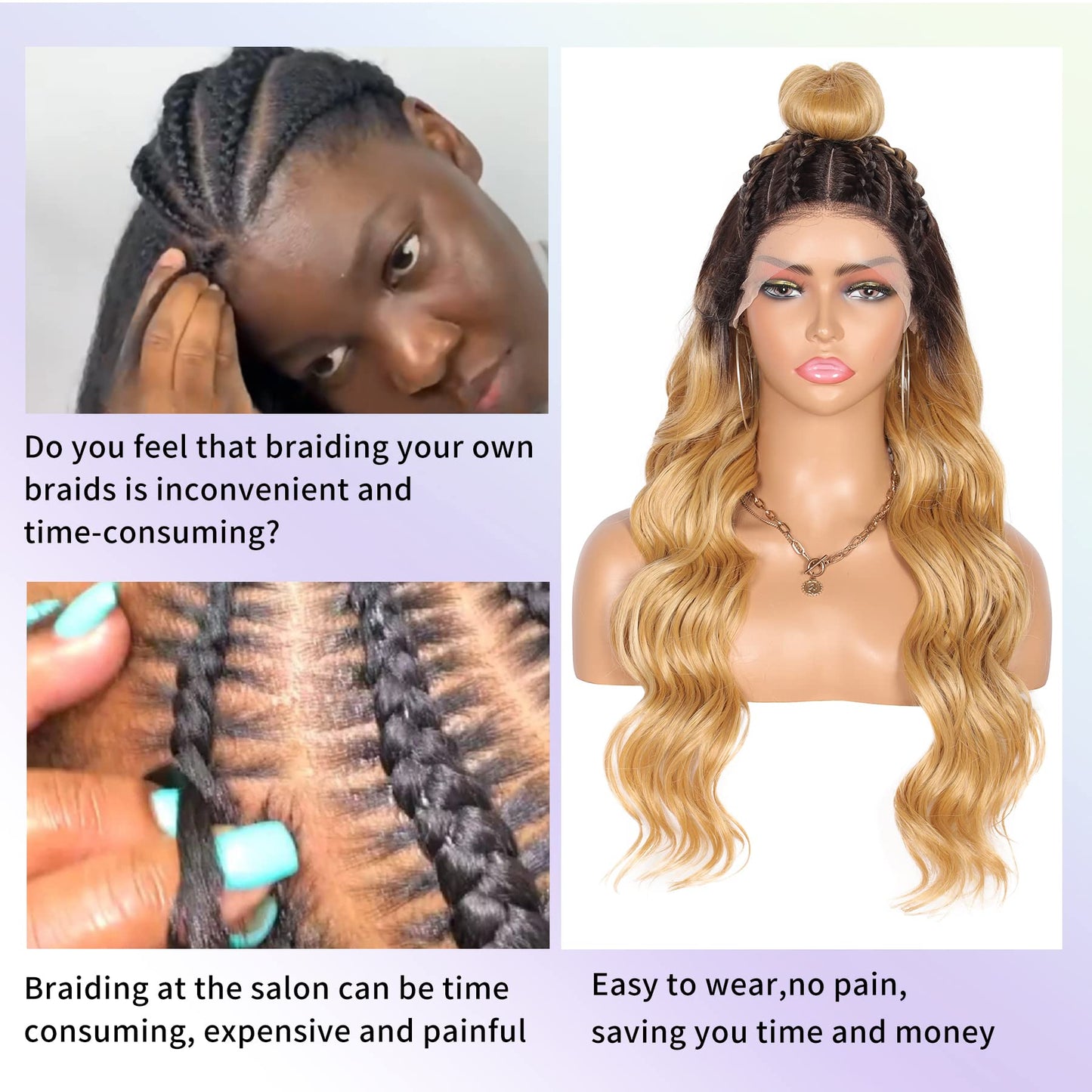 Kalyss Ombre Blonde Updo Bun Double U Part Lace Front Pre Braided Wigs with Baby Hair for Women Japan-made High Temperature Human Hair Blended Lace Frontal Ocean Wave Wigs